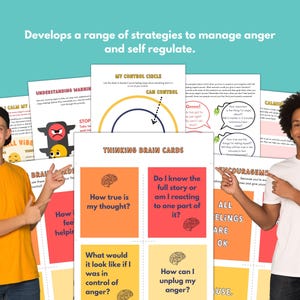 May include: A set of printable worksheets and cards designed to help manage anger and self-regulate. The worksheets feature a traffic light, a control circle, and thought bubbles. The cards feature brain illustrations and questions to help with self-reflection.