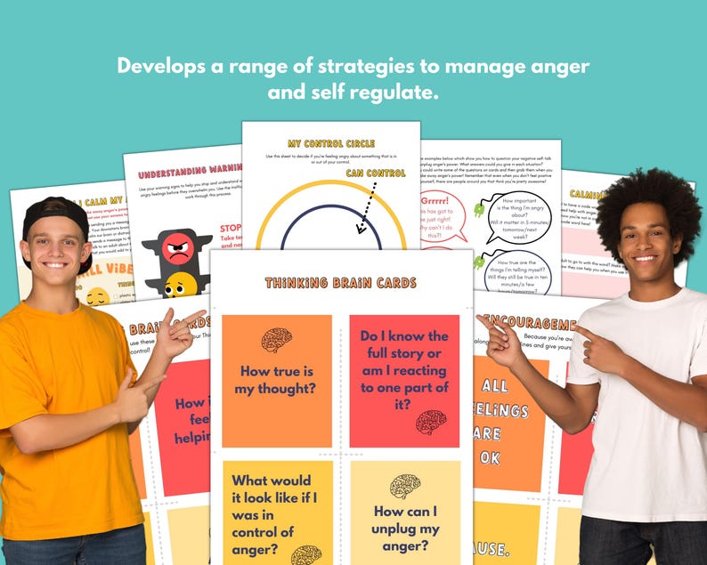 May include: A set of printable worksheets and cards designed to help manage anger and self-regulate. The worksheets feature a traffic light, a control circle, and thought bubbles. The cards feature brain illustrations and questions to help with self-reflection.
