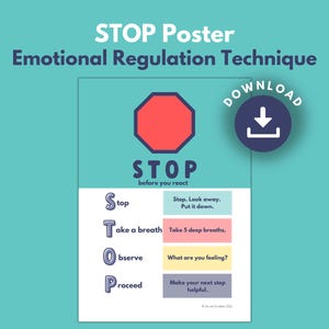 Coping Skills STOP Technique PRINTABLE Poster for Kids Emotional Regulation | DBT | Anxiety Relief, Anger Management | Calm Down Strategy
