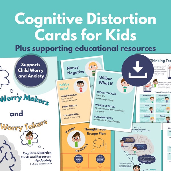 Cognitive Distortion Kids Cards PRINTABLE | Thinking Errors, Thought Traps | Challenge Negative Thoughts | CBT Anxiety and Worry | Reframing