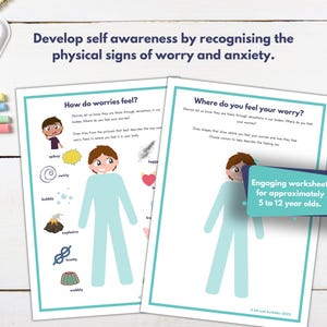 May include: Two printable worksheets for children to help them understand and identify the physical signs of worry and anxiety. The worksheets feature a cartoon character and ask questions like "How do worries feel?" and "Where do you feel your worry?"