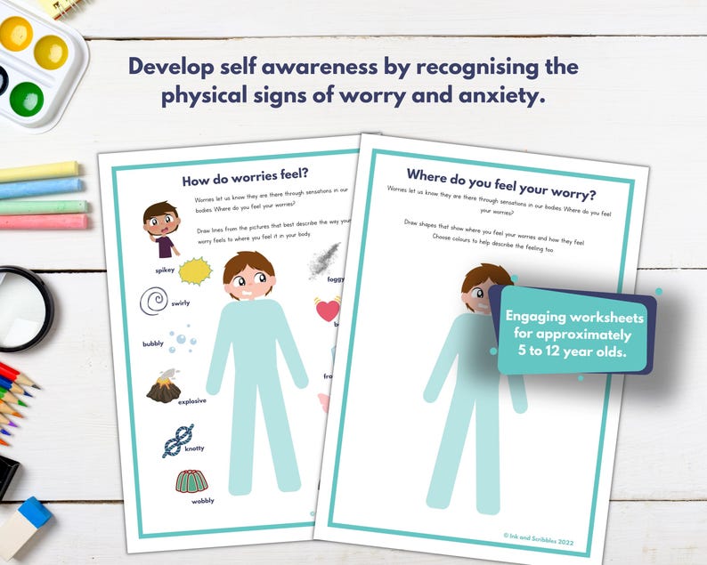 May include: Two printable worksheets for children to help them understand and identify the physical signs of worry and anxiety. The worksheets feature a cartoon character and ask questions like "How do worries feel?" and "Where do you feel your worry?"