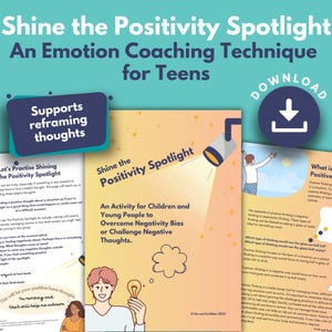 Op de afbeelding: Een geel en oranje printbaar werkblad met de titel "Shine the Positivity Spotlight" en de tekst "Een activiteit voor kinderen en jongeren om negatieve vooroordelen te overwinnen of negatieve gedachten aan te vechten." Het werkblad bevat een cartoonillustratie van een persoon die met een schijnwerper op een gloeilamp schijnt.