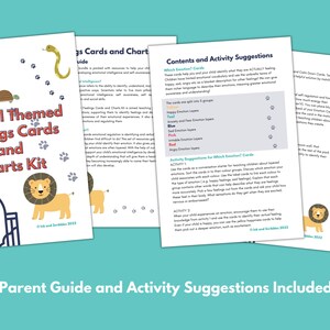 May include: A colorful set of animal-themed feelings cards and charts for teaching children about emotions. The cards feature different animals and colors to represent various emotions, such as happy, sad, angry, and scared. The set includes a parent guide and activity suggestions for using the cards.