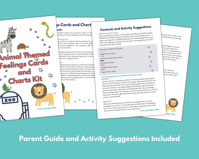 May include: A colorful set of animal-themed feelings cards and charts for teaching children about emotions. The cards feature different animals and colors to represent various emotions, such as happy, sad, angry, and scared. The set includes a parent guide and activity suggestions for using the cards.
