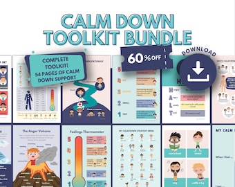 May include: A colorful printable toolkit for calming down, featuring a variety of charts, diagrams, and activities. The toolkit includes a feelings thermometer, a calm down strategy menu, and a ways to calm down chart. The text "Calm Down Toolkit Bundle" is at the top of the image. The text "60% Off" is in a red and white ticket shape.