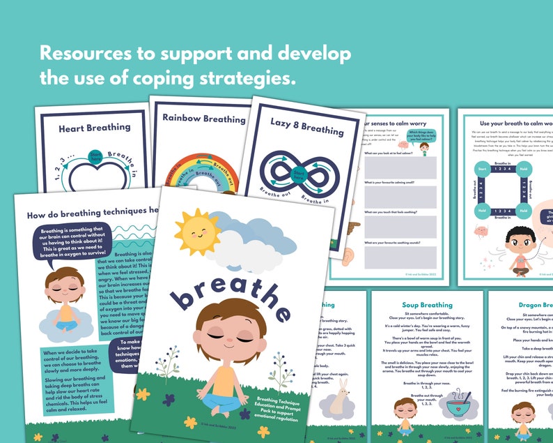 May include: Colorful printable worksheets for kids to learn different breathing techniques. The worksheets feature illustrations of a rainbow, a heart, a lazy eight, a bowl of soup, and a dragon. The text on the worksheets includes "Heart Breathing", "Rainbow Breathing", "Lazy 8 Breathing", "Soup Breathing", "Dragon Breathing", and "Use your breath to calm worry".