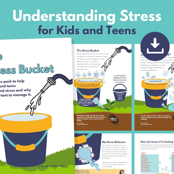 Stress Bucket Worksheets for Kids and Teenagers PRINTABLE | Stress Management Analogy | Coping Skills | Stress Relief | Understand emotions