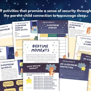May include: A collection of printable bedtime activity sheets with a starry night sky background. The sheets feature titles like "Sleepyhead Stories," "Sleepyhead Reading," and "My Sleepyhead Spell." Each sheet has illustrations of a cat and a star.