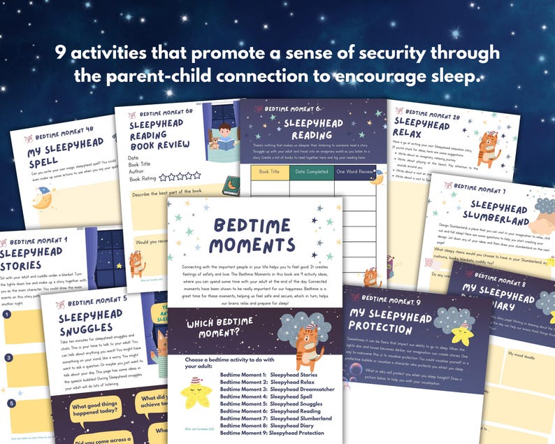 May include: A collection of printable bedtime activity sheets with a starry night sky background. The sheets feature titles like "Sleepyhead Stories," "Sleepyhead Reading," and "My Sleepyhead Spell." Each sheet has illustrations of a cat and a star.