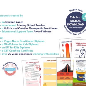 May include: A digital download of printable worksheets for children to help them manage anger. The worksheets feature colorful illustrations and include titles like "Anger Thermometer", "What Charges Up Anger's Power?" and "Anger Volcano".