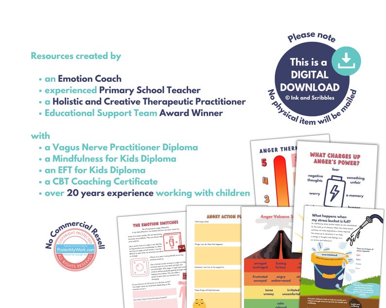 May include: A digital download of printable worksheets for children to help them manage anger. The worksheets feature colorful illustrations and include titles like "Anger Thermometer", "What Charges Up Anger's Power?" and "Anger Volcano".