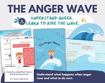 Può includere: Risorsa educativa intitolata THE ANGER WAVE, che mostra un bambino dei cartoni animati che cavalca un'onda blu. Include il testo: UNDERSTAND ANGER. LEARN TO RIDE THE WAVE. My Strategies for Surfing the Anger Wave, The Build Up Zone, The Red Zone.