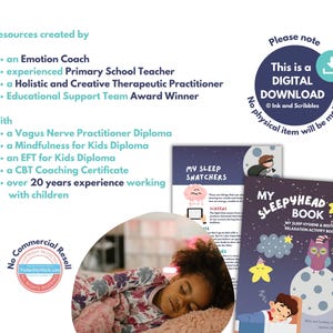 May include: Digital download of a sleep hygiene and bedtime relaxation activity book. The cover features an owl, moon, and stars. The image also includes a child sleeping and text that reads "My Sleepyhead Book".
