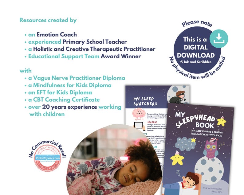 May include: Digital download of a sleep hygiene and bedtime relaxation activity book. The cover features an owl, moon, and stars. The image also includes a child sleeping and text that reads "My Sleepyhead Book".