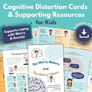 Cognitive Distortion Kids Cards PRINTABLE | Thinking Errors, Thought Traps | Challenge Negative Thoughts | CBT Anxiety and Worry | Reframing