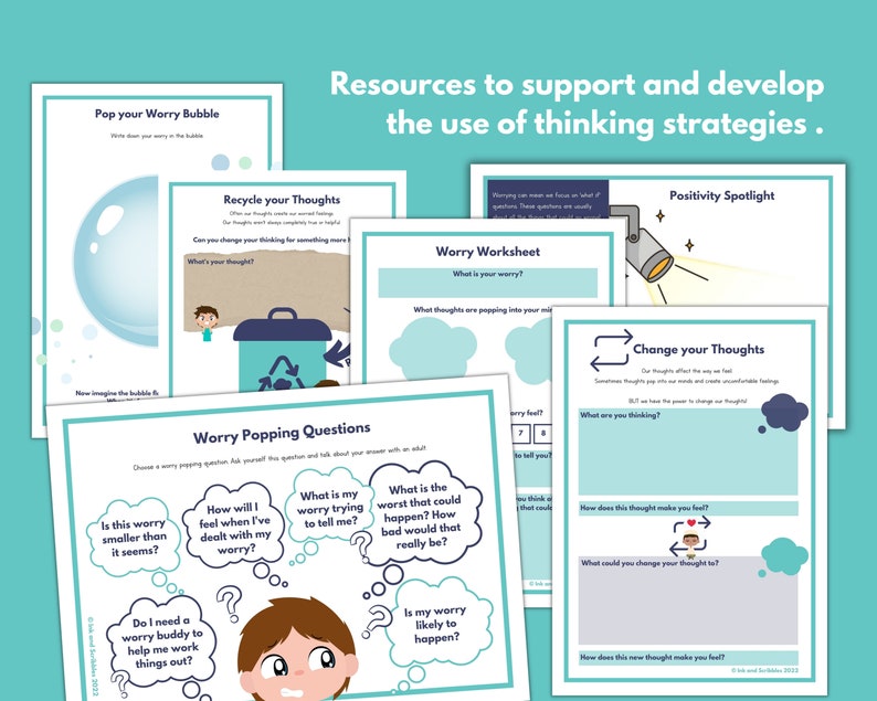 May include: A set of printable worksheets for children to help them learn how to manage their worries. The worksheets feature colorful illustrations and prompts to help children identify, understand, and cope with their worries.