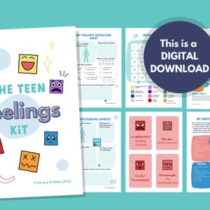 Puede incluir: Un kit de descarga digital para adolescentes que les ayuda a comprender y gestionar sus emociones. El kit incluye hojas de trabajo, actividades y consejos para lidiar con emociones como la ira, la tristeza y la frustraci&oacute;n. La portada presenta caras de dibujos animados coloridas y el texto "The Teen Feelings Kit".