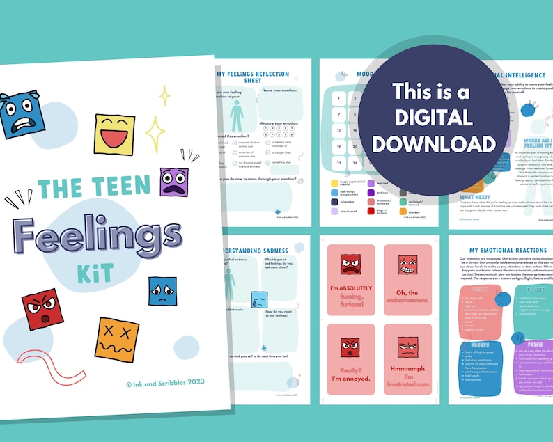 Puede incluir: Un kit de descarga digital para adolescentes que les ayuda a comprender y gestionar sus emociones. El kit incluye hojas de trabajo, actividades y consejos para lidiar con emociones como la ira, la tristeza y la frustraci&oacute;n. La portada presenta caras de dibujos animados coloridas y el texto "The Teen Feelings Kit".
