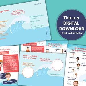 Pu&ograve; includere: Un set di fogli di risorse digitali intitolato The Anger Wave, contenente diagrammi educativi e strategie per la regolazione emotiva. Le pagine includono illustrazioni di bambini, grafici a onda e testo che spiega le zone della rabbia e le tecniche.