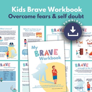 May include: A colourful workbook titled "My Brave Workbook" with a superhero illustration. The workbook is designed to help children overcome fears and self-doubt. The cover features a blue and pink superhero with a red shirt and blue shorts. The workbook is an activity workbook to help children find confidence and overcome self-doubt and worries.