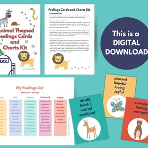May include: A digital download for a feelings cards and charts kit for children. The kit features animal illustrations and includes a parent guide. The cards feature different emotions, such as happy, sad, worried, irritated, angry, afraid, and outraged.