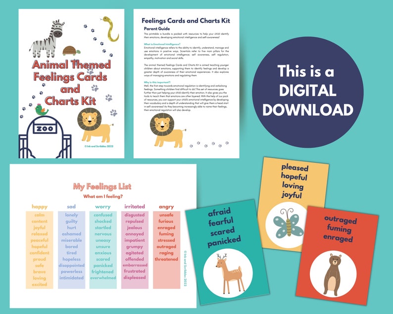 May include: A digital download for a feelings cards and charts kit for children. The kit features animal illustrations and includes a parent guide. The cards feature different emotions, such as happy, sad, worried, irritated, angry, afraid, and outraged.