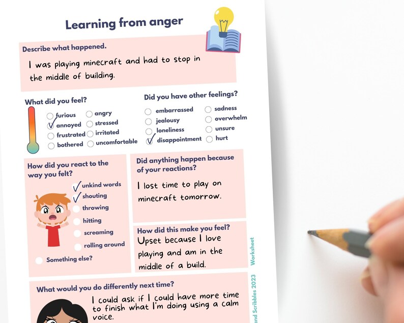 May include: A worksheet titled "Learning from Anger" with a cartoon lightbulb and a cartoon boy. The worksheet asks questions about how to deal with anger, including what happened, how the person felt, how they reacted, and what they would do differently next time. The worksheet also includes a section on how to deal with other feelings.