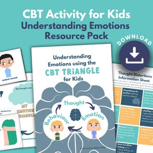 Könnte beinhalten: Ein Ressourcenpaket für Kinder mit kognitiver Verhaltenstherapie (KVT)-Aktivitäten zum Verständnis von Emotionen. Das Paket enthält eine Titelseite mit dem Text "Understanding Emotions using the CBT TRIANGLE for Kids" und ein "Thought Distortions Information Sheet".