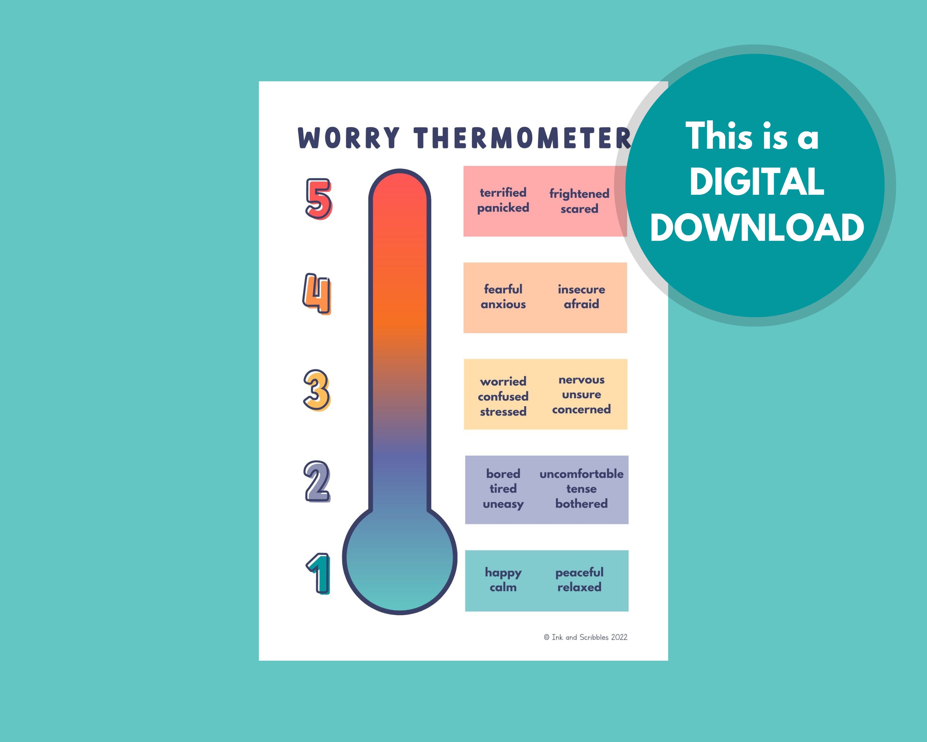 Anxiety Thermometer PRINTABLE for Kids and Teens Worry, Fear Scale
