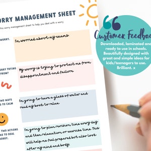 May include: A printable worry management sheet with a bright yellow sun and a blue speech bubble with the text "Customer Feedback" in black. The sheet has sections for writing down your worry, what your worry is trying to protect you from, two ways to calm yourself, and two actions to take to deal with the worry. The sheet is designed to help children and teenagers manage their worries.