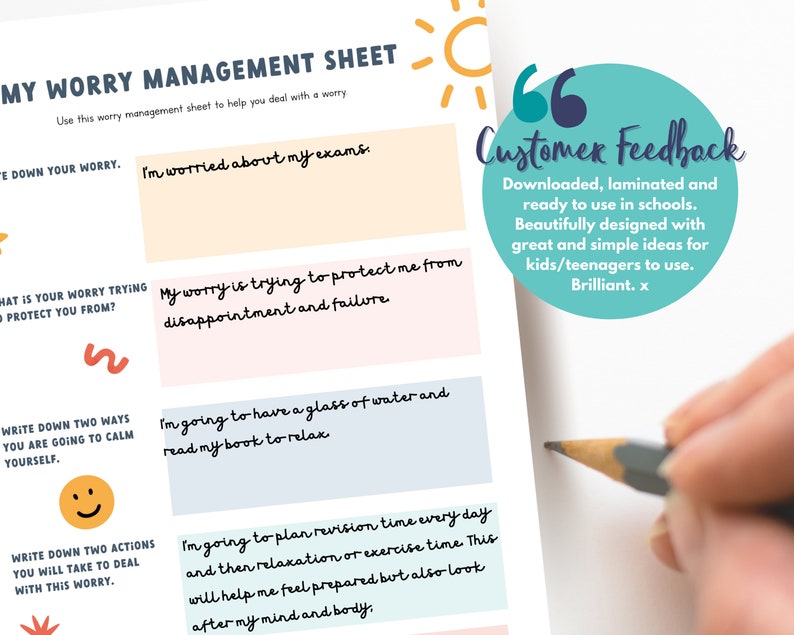 May include: A printable worry management sheet with a bright yellow sun and a blue speech bubble with the text "Customer Feedback" in black. The sheet has sections for writing down your worry, what your worry is trying to protect you from, two ways to calm yourself, and two actions to take to deal with the worry. The sheet is designed to help children and teenagers manage their worries.