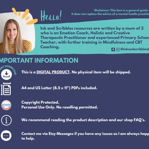 May include: A digital product information sheet with a photo of a woman and text. The text includes "Hello!", "Important Information", and details about the product, including that it is a digital download and the file formats included.