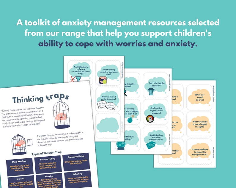 May include: A set of colorful cards with thought-provoking questions to help manage anxiety. The cards feature a variety of illustrations, including a bird in a cage, a trash can, and a speedometer. The text on the cards includes phrases like "Am I blaming myself or someone else?" and "What else could be true?"