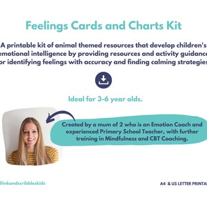 May include: A printable kit of animal-themed resources for children ages 3-6. The kit includes cards and charts to help children identify feelings and develop emotional intelligence. The kit was created by a mother of two who is an Emotion Coach and experienced Primary School Teacher. The kit includes resources and activity guidance for finding calming strategies. The kit is printable in A4 and US Letter sizes.