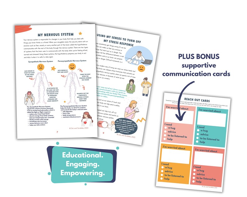 May include: A set of printable cards designed to help people communicate their needs when they are feeling stressed or overwhelmed. The cards feature phrases like "I need a hug", "I need advice", and "I need to be listened to".