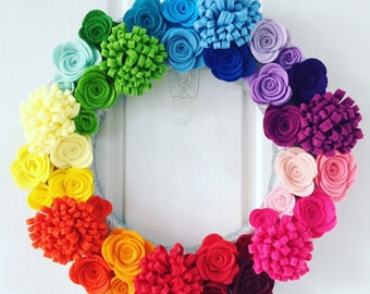 Rainbow wreath. Felt flower wreath. Rose door wreath. Nursery decor wreath. Rainbow themed bedroom decor. Felt rose wreath. Handmade flower