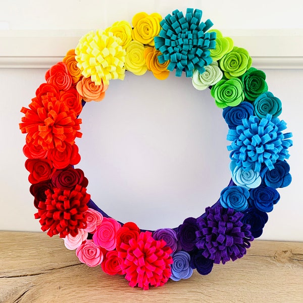 Rainbow wreath. Felt flower wreath. Rose door wreath. Nursery decor wreath. Rainbow themed bedroom decor. Felt rose wreath. Handmade flower