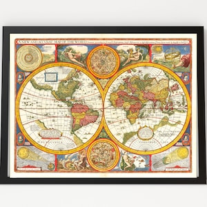 Vintage wereldkaartafdruk door John Speed (1651) – antieke, zeldzame kaart met dubbel halfrond – cartografiemuurkunst