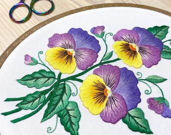 Hand Embroidery Pattern | Vintage Pansies Bouquet | Digital Download PDF + Detailed Instructions + Video Tutorials | Violets Viola Flower