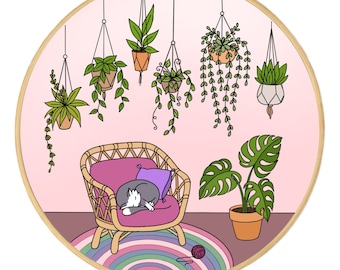 Hand Embroidery Pattern - Cozy Corner | Digital Download PDF + Detailed Instructions for Beginners | Houseplants Interior Cat Nap Flower Pot