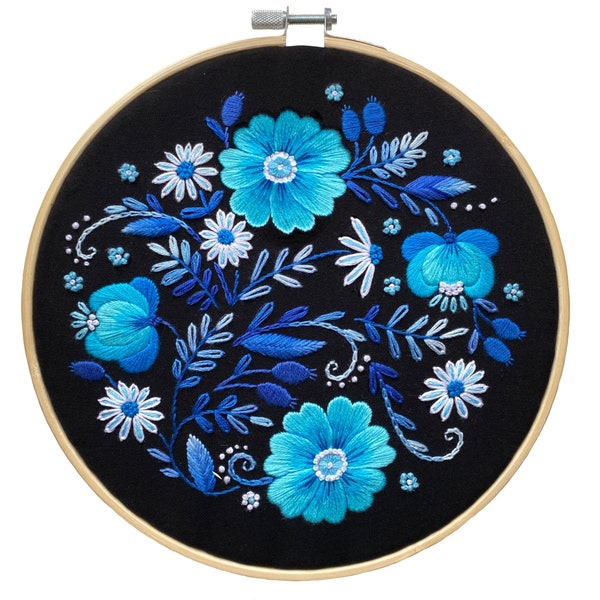 Floral Hand Embroidery Pattern | Blue Wild Flowers on Black | Digital Download PDF + Video Tutorials and Detailed Instructions for Beginners