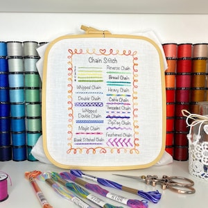 Chain Stitch Sampler Page for Beginners, Hand Embroidery PDF Pattern + Video Tutorials | Embroidery Samplers Guide Book
