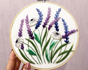 Hand Embroidery Pattern | Lavender and White Daisy | Digital Download PDF + Detailed Tutorials for Beginners