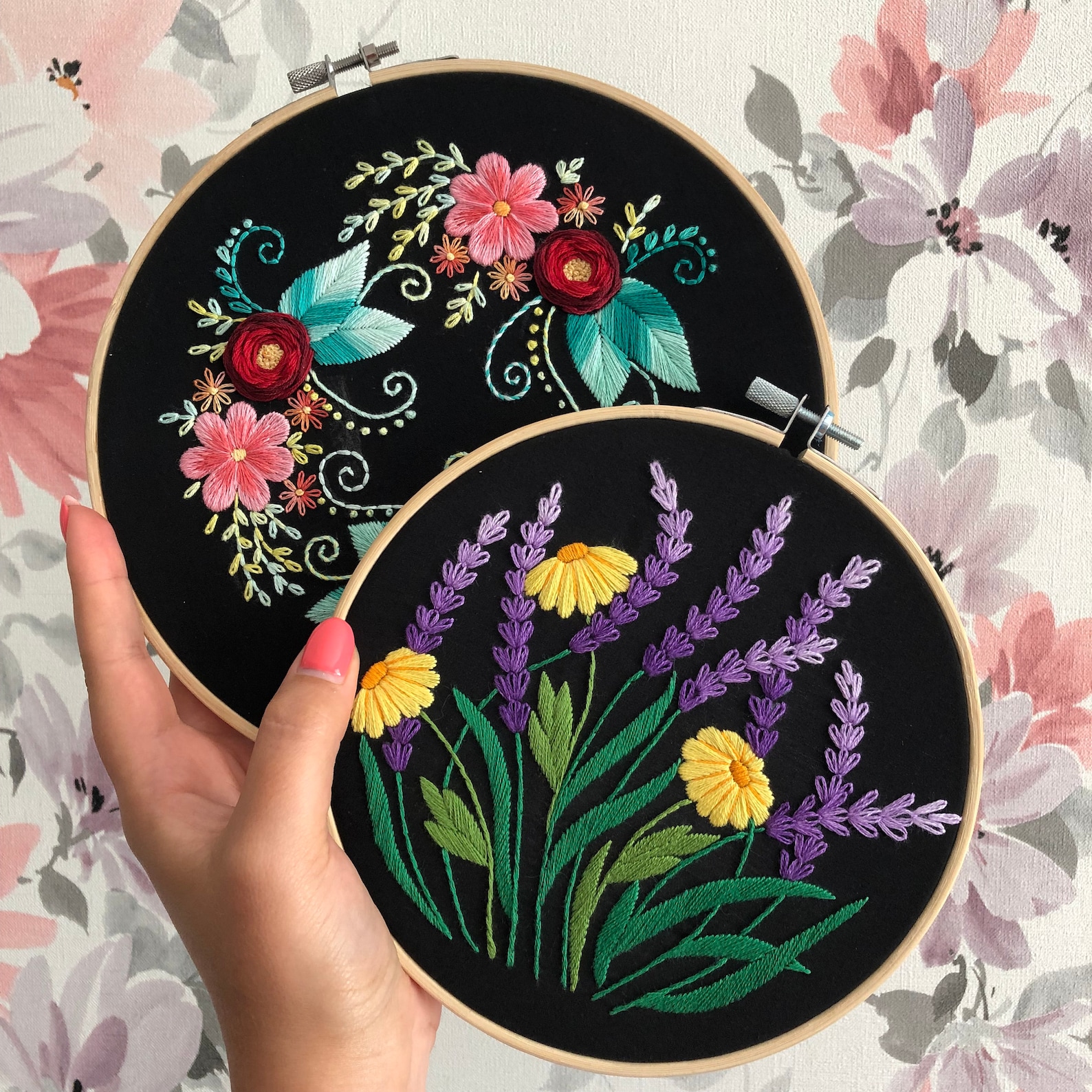 Lavender and Daisy Hand Embroidery Pattern | Black Version | Digital ...
