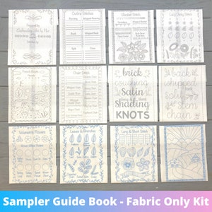 Sampler Guide Book - Fabric Only Embroidery KIT for Beginners, 12 Pieces Pre-Printed Fabric, Learn and Practice Basic Embroidery Stitches