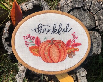 Thankful Hand Embroidery PDF Pattern + Complete Video Course and Tutorials for Beginners | Thanksgiving Pumpkin | Digital Download | 8 inch