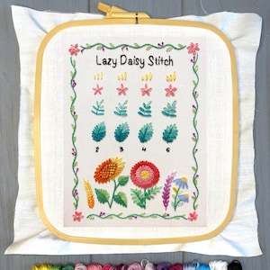 Lazy Daisy Stitch Sampler Page for Beginners, Hand Embroidery PDF Pattern + Video Tutorials | Embroidery Samplers Guide Book