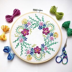 Bright Spring Flower Wreath Hand Embroidery Pattern | Digital Download PDF | Contains Detailed Tutorials for Beginners