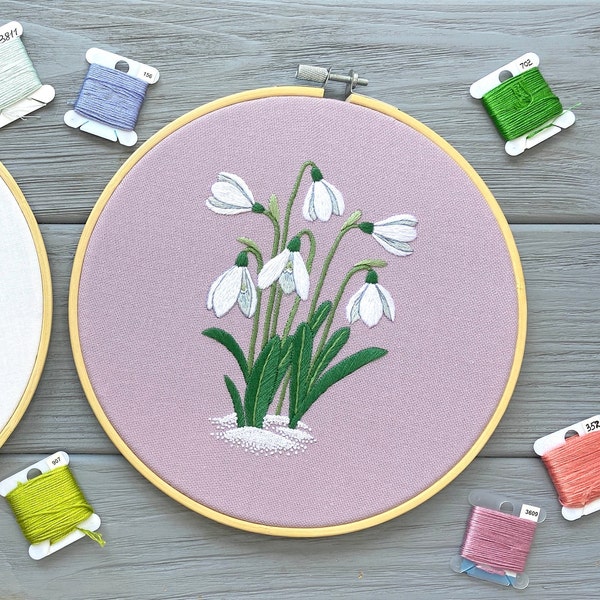 Snowdrops in the Snow Hand Embroidery Pattern + Video Tutorials | Digital Download PDF with step-by-step illustrations and instructions